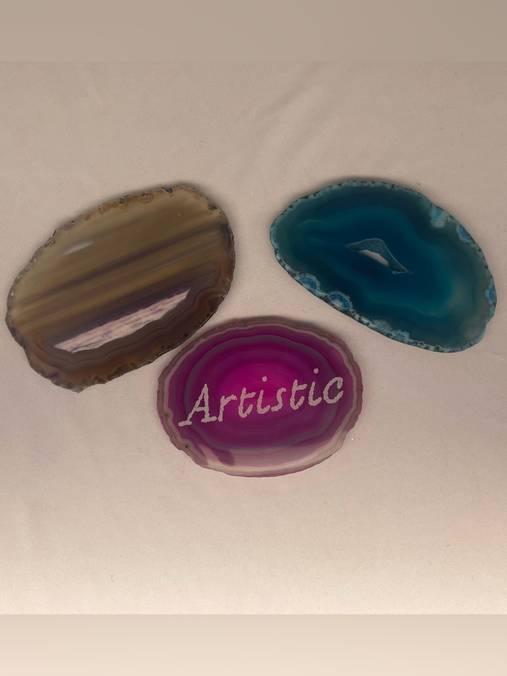 Polished Agate Slice Coasters – Set of 3 (Pink, Teal, Brown)